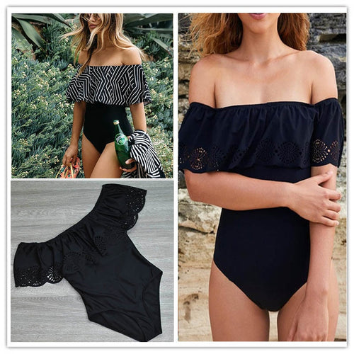 2017 New Sexy Off The Shoulder Solid Swimwear Women One Piece Swimsuit Female Bathing Suit Ruffle Monokini Swim Wear XL