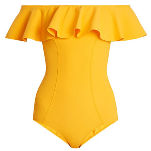 2017 New Sexy Off The Shoulder Solid Swimwear Women One Piece Swimsuit Female Bathing Suit Ruffle Monokini Swim Wear XL