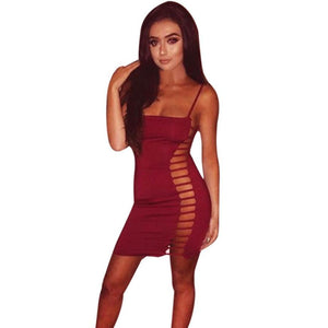 Hollow Out Sexy Summer Dress Womens Solid Choker Wrap Over Sleeveless Bandage Bodycon Party Pencil Dress