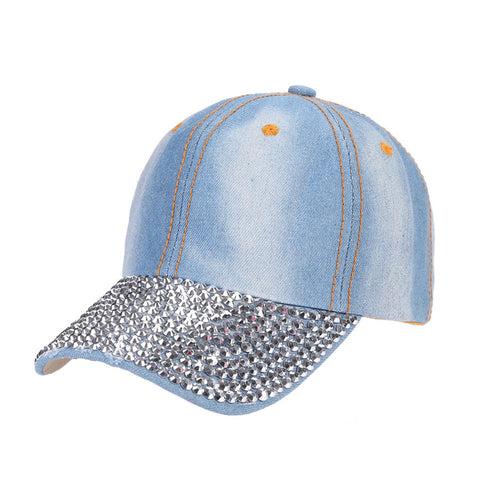 Unisex Studded Crystal Rhinestone Brim Adjustable Jean Baseball Cap Hat for Summer Sports Outdoor Activity