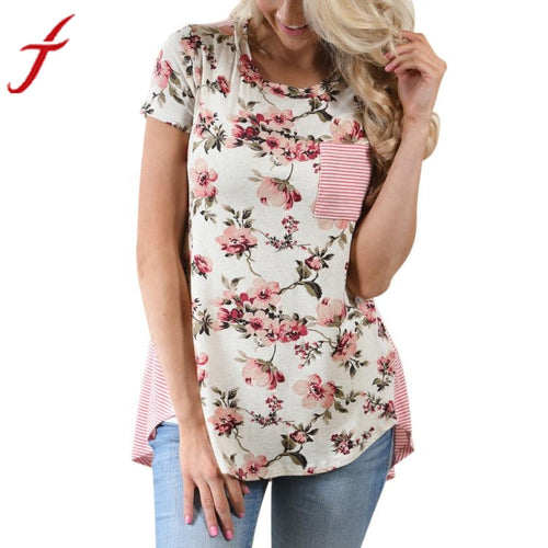 Summer Women T-Shirt Casual Short Sleeve Stripe Floral Flower Printed Blusa Casual O-Neck Pocket Female Fashion Summer Tops