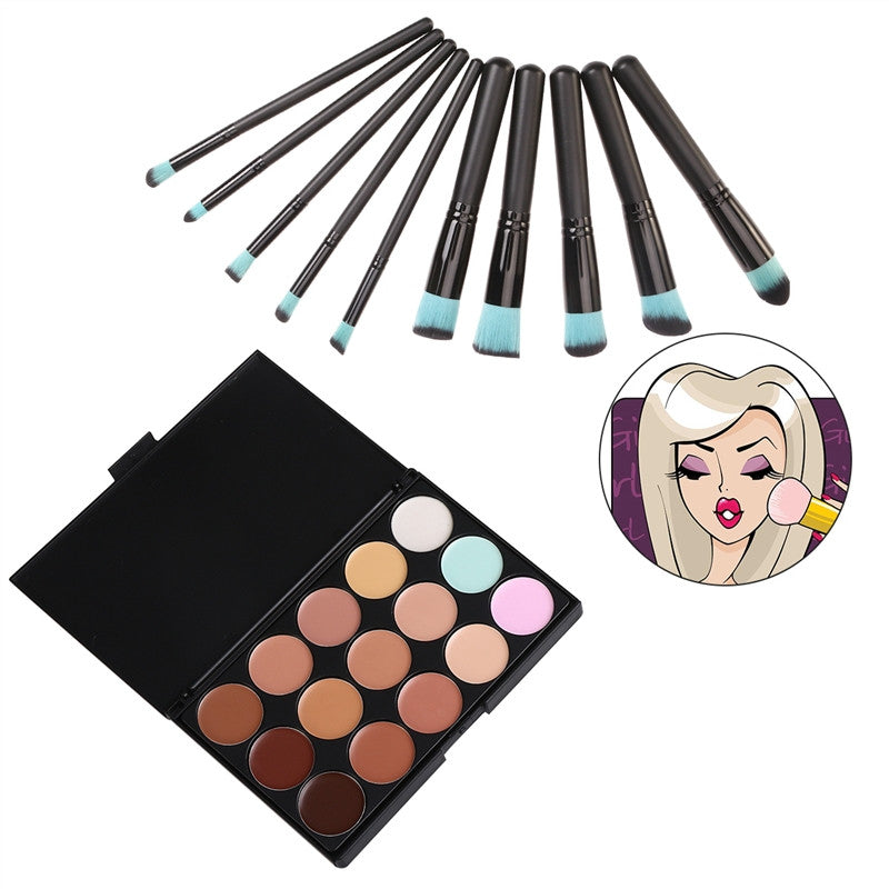 15 Colors Contour Face Cream Makeup Concealer Palette with 10pcs Makeup Brushes