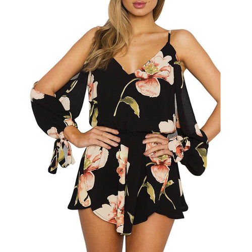 Women Off Shoulder Floral Print Jumpsuit Summer Loose Playsuit Rompers