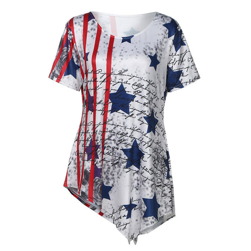 Women's Summer Loose Short Sleeve Scoop Neck American Flag Print T-Shirt Tops