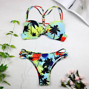 Sexy Swimwear Leaf Print Bikini Halter Swimsuit Bathing Suit