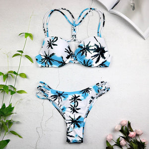 Sexy Swimwear Leaf Print Bikini Halter Swimsuit Bathing Suit