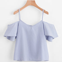 Women Summer Pinstripe Blouse Cold Shoulder Top