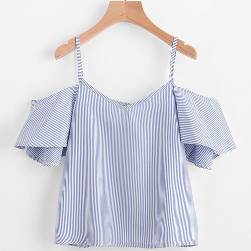 Women Summer Pinstripe Blouse Cold Shoulder Top