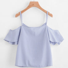 Women Summer Pinstripe Blouse Cold Shoulder Top