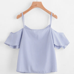 Women Summer Pinstripe Blouse Cold Shoulder Top