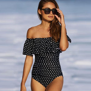 2017 New Sexy Off The Shoulder Solid Swimwear Women One Piece Swimsuit Female Bathing Suit Ruffle Monokini Swim Wear XL